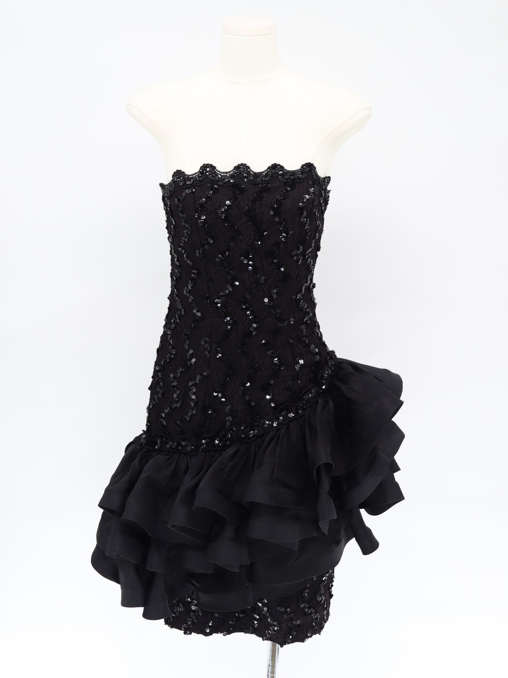 Vintage 90s Night Way Black Sequin Strapless Asymmetrical Ruffle Mini Dress Sz 6
